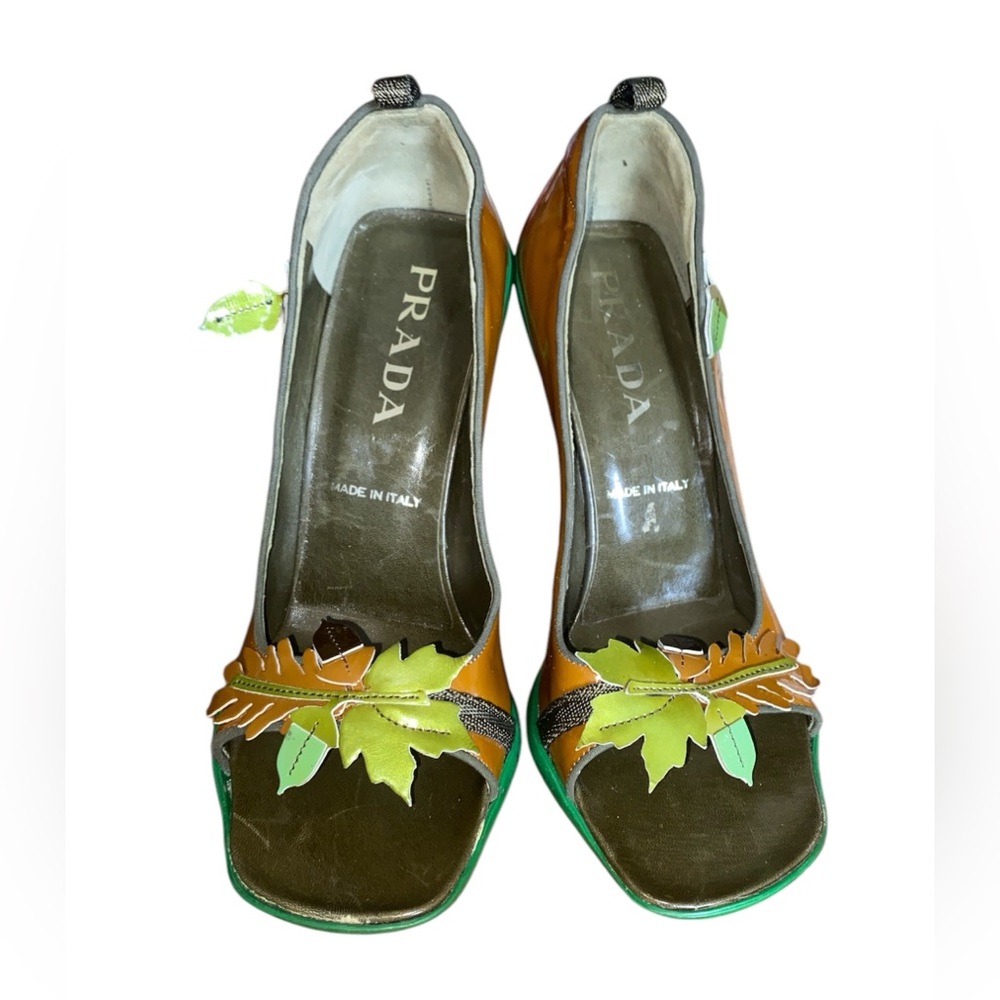Rare Vintage 1999 Prada Foliage Acorn Oak Leaf Shoes Heels Size 8 / 38 READ - Picture 10 of 11